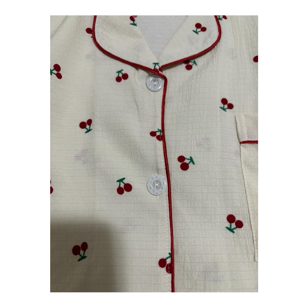 Pajama Set with Red Cherry Pattern and Red Piping W Size XL Cream/Red/Green - Picture 8 of 12